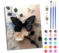 WJWWANG Paint by Numbers for Adults 16x20inch DIY Paint by Numbers Kits White Flowers and Black Butterflies for Beginner on Canvas Oil Painting with Paintbrushes for Home Decoration