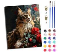 WJWWANG Paint by Numbers for Adults Maine Coon cat with red Flowers DIY Oil Painting by Numbers on Canvas for Gift and Home Decor 20X16 Inch (50x40cm)