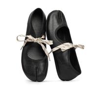 WJZDSJCO Tabi Flats for Women Lace up Round Split Toe Ballet Flats, Black Pu, 3 UK