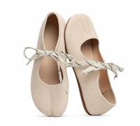 WJZDSJCO Tabi Flats for Women Lace up Round Split Toe Ballet Flats, Sand, 3 UK