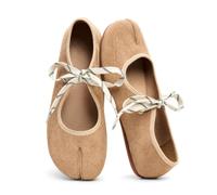 WJZDSJCO Tabi Flats for Women Lace up Round Split Toe Ballet Flats, Tan, 7 UK