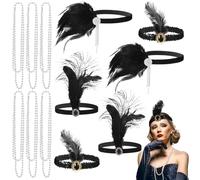 wkao 12 Pcs Elegant Feather Headbands For Women, 1920S Flapper Theme Headpieces With Matching Pearl Necklaces, Complete With 6 Headbands And 6 Necklaces For Gala, Halloween, And Costume Parties