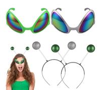 wkao 2 Pairs Alien Headbands and Glasses, Alien Antenna Headbands Rainbow Lens Sunglasses, Alien Head Bands with Glasses, Alien Cosplay Costume Party Favors for Adults and Kids