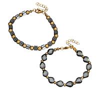 wkao 2 Pcs Natural Stone Beaded Bracelet, Black Gallstones with Gold Titanium Steel Chain, Adjustable 9.8 in / 25 Cm, European and American Style for Men and Women