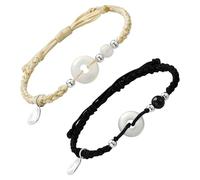 wkao 2 Pcs Sterling Silver Bracelet Set, Matching Friend Bracelets, Adjustable Cord, Safety Buckle, Beige and Black Braided Rope, Anniversary, Valentines Present for Girlfriend