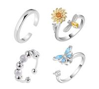 wkao 4 Pcs White Gold Rings With Sunflower Bee Snowflake Design, Adjustable Zircon Alloy Rotatable Rings For Women, Elegant Jewelry