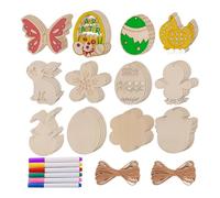wkao 96 Pcs Unfinished Wooden Hanging Ornaments, Easter Themed Art Projects, Bulk Crafts for DIY Painting, Assorted Shapes with Jute Ropes, for Young Artists
