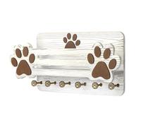wkao Dog Leash Holder Wall Mount with Shelf, Rustic Wood Pet Leash Hooks Organizer, Decorative Farmhouse Style Dog Stuff Storage Rack with 6 Key Hangers, 13 x 7.5 in / 33 x 19 cm for Entryway