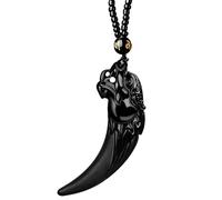 wkao Men'S Necklace With Jadeite Pendant, Black Carved Wolf Tooth Design, Obsidian Beads