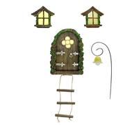 wkao Set of 4 Pcs Resin Garden Fairy Decoration, Fairy Doors for Trees Outdoor, Includes Yellow Light Effect, for A Magical Forest Ambiance
