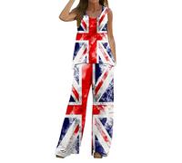 WKAYsIV Cocktail Dress Sexy Women Union Jack Flags 2 Piece Outfits Boho Casual Printed Vest Sleeveless Top Loose Wide Leg Pants Trousers Two Piece Set Suit Floral Pants Suits for Women White