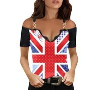 WKAYsIV Cotton Polyester Spandex Shirt Women Summer Casual Sexy V Neck Lace Union Jack Flags Printing Buckle Suspenders Short Sleeve Tshirt Top Scrub Top Red