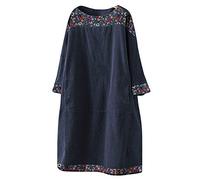 WKAYsIV Day Dresses for Women Summer Long Corduroy Women Print Loose Ethnic Vintage Pockets Sleeve Dress Patchwork Women's Dress Spaghetti Strap Deep V Neck Dresses for Women Navy