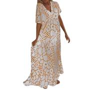 WKAYsIV Dress Tights for Women Robe Ample Printed Collar V Womens Summer Casual Boho Floral Dresses V Neck Short Sleeve Flowy Swing A Line Long Dress Parachute Dress for Women with Pockets Orange