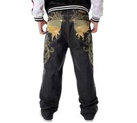 WKAYsIV E Motion Straight Fit Leg Male Denim Pants Street Trend Loose Hiphop Street Dance Print Casual Straight Tube Wide Leg Wash Outdoor Apparel (Black, 32)