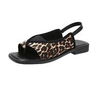 WKAYsIV Lace up Sandals for Women Flat Ladies Fashion Summer Leopard Print Leather Square Toe Open Toe Flat Sandals Animal Print Sandals for Women Zipper Back Brown