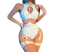 WKAYsIV Lingerie-Underwear-Clubwear Lingerie Women's Cut-Out Satin Chemise Set - Underwired Cups & G String - Sizes: 6-24 Stockings and Suspenders Lingerie Sets L 10.99 White
