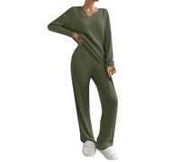 WKAYsIV Loungewear Sets for Women UK Tracksuits Knitted Outfit Long Sleeve Solid Color Tops Wide Leg High Waist Trousers Pants Oversized Cosy Pyjamas Holiday Dailywear (Army Green-A, XL)