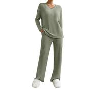 WKAYsIV Loungewear Sets for Women UK Tracksuits Knitted Outfit Long Sleeve Solid Color Tops Wide Leg High Waist Trousers Pants Oversized Cosy Pyjamas Holiday Dailywear (Army Green-B, XXL)