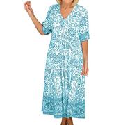 WKAYsIV Plus Size Dresses Girls Women Short Sleeve Floral Boho Dress Summer Sundress Casual Wrap V Neck A Line Boho Maxi Dress Plus Size Hell Bunny Dresses Sky Blue