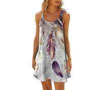WKAYsIV Straight Dresses for Women Women Summer Casual Fashion Beach Vacation Round Neck Sleeveless Colorful Feather Print Dress Women Beautiful Dresses Grey