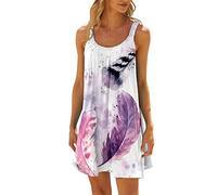 WKAYsIV Straight Dresses for Women Women Summer Casual Fashion Beach Vacation Round Neck Sleeveless Colorful Feather Print Dress Women Beautiful Dresses Purple