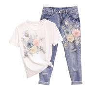 WKAYsIV Woman Suites Border Popular Women's Fashion Suit Summer 2024 Embroidered Three Flower T Shirt + Ripped Cropped Jeans Midi Dress Women White