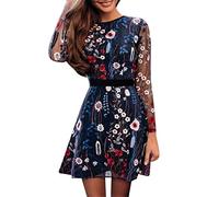 WKAYsIV Womens Formal Dresses Champagne Women's Fashion Floral Dress Embroidered Party Dress Lace Mesh Lightweight Double Layer Dress Mini Elegant Dress Long Sleeve Homecoming Dress