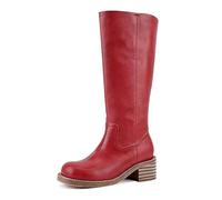 WKAYsIV Women's Mid Calf Boots Block Heel Square Toe Pull On Shoes (Red, 5)