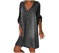 WKAYsIV Women's Summer Dresses Casual Beach Women's Short V Long Dress Swing Summer Denim Dresses Casual Neck Sleeve Party Women's Dress Elegant Dresses for Women Petite Black