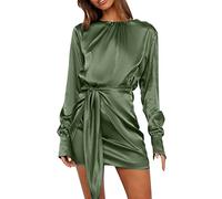 WKAYsIV Womens Summer Dresses Casual Women's Elegant Satin Long Sleeve Self Tie Front Crew Neck High Elastic Waist Dressy Ruffle A Line Mini Dresses Maxi Dresses Strapless for Women
