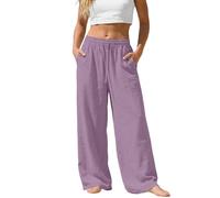 WKAYsIV Women's Summer Trousers UK, High Waisted Elasticated Drawstring Straight Leg Trousers with Pockets, Lightweight Breathable Casual Bottoms for Daily Holiday Wear