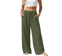 WKAYsIV Women's Summer Trousers UK, High Waisted Elasticated Drawstring Straight Leg Trousers with Pockets, Lightweight Breathable Casual Bottoms for Daily Holiday Wear (Army Green-A, XL)