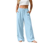 WKAYsIV Women's Summer Trousers UK, High Waisted Elasticated Drawstring Straight Leg Trousers with Pockets, Lightweight Breathable Casual Bottoms for Daily Holiday Wear