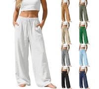 WKAYsIV Women's Summer Trousers UK, High Waisted Elasticated Drawstring Straight Leg Trousers with Pockets, Lightweight Breathable Casual Bottoms for Daily Holiday Wear (White-BA, M)