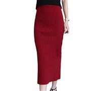 wkd-thvb Autumn Winter Woolen Skirts Slim Belt Office Long Midi Skirt Pencil Skirt Knitted Wool Skirt Burgundy L