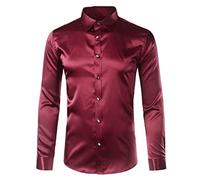 wkd-thvb Gold Silk Satin Shirt Men Chemise Homme Mens Slim Fit Long Sleeve Button Down Dress Shirt Red Wine Red Asian Size XXXL