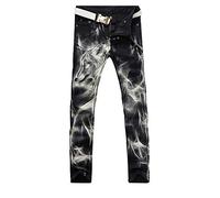 wkd-thvb Men's Wolf Printed Jeans Slim Straight Black Stretch Jeans Designer Pants Black 33