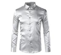 wkd-thvb Satin Shirt Men Casual Mens Dress Shirts Long Sleeve Slim Fit Chemise Homme Men Social Shirts Silver Asian Size XL