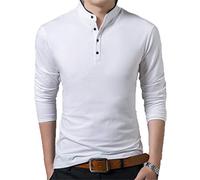 wkd-thvb T-Shirt Men Cotton T Shirt Full Sleeve Tshirt Men Solid Color T-Shirts Tops&Tees Mandarin Collar Long Shirt White L