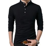 wkd-thvb T-Shirt Men Cotton T Shirt Full Sleeve Tshirt Men Solid Color T-Shirts Tops&Tees Mandarin Collar Long Shirt Black L