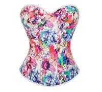 WKEZEAN Corsets Lace Up Bustiers Top Vintage Satin Flower Print Overbust Bra Corset Bustier Gothic Body Shaping(L)