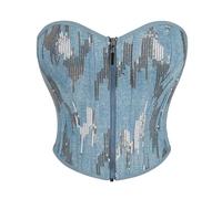 WKEZEAN Front Zipper Overbust Crop Top Gothic Lace-up Boned Vintage Body Shaper Short Korset Lingerie(Blue,L)