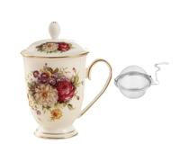 WKHOKI Ceramic Mug,Fine Bone China Tea Cup, Tea Mugs for Women, Tea Cup with Lid, Suitable for Making, Cold Drinks, Hot Drinks, Coffee, Etc, 10oz(Tea cup+tea lid+tea ball)