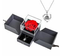 WKHOKI Eternal Red Preserved Roses in a Box - Featuring a Heart Necklace Engraved, Made from Real Eternal Red Roses, Perfect Romantic Gift for Birthdays, Anniversaries, Mother's Day