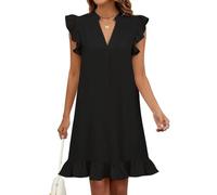 Wkior Summer Dresses for Women 2025 Casual V Neck Cap Sleeve Ruffled Hem T-Shirt Dress Flowy Swing Smock Mini Sundress, A-black, L