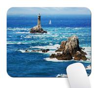Wknoon 9.5"x 7.9" Mouse Pad (Blue Ocean), Non-Slip Mat for Desk, Smooth Surface for Gaming & Office Work, Daytime Lighthouse Wavy Sea View and Clear Sky Rocky Islands Sailboat