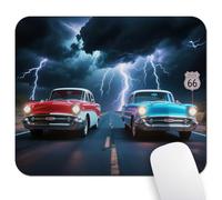 Wknoon 9.5"x 7.9" Mouse Pad (Classic Cars), Non-Slip Mat for Desk, Smooth Surface for Gaming & Office Work, Vintage Red Blue Vehicle Roaring Down Route 66 in Dark Clouds & Lightning Bad Weather