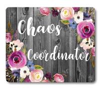 Wknoon Chaos Coordinator Funny Quote Mouse Pad, Vintage Floral Rustic Dark Grey Wood Grain Rectangle Mouse Pads for Computers, Pink Purple Blue Flowers Mat for Office Decor