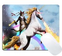 Wknoon Gaming Mouse Pad Custom, Funny Cute Cat Dressed as Rambo with Gold Gun Riding a Glowing Fire Breathing Rainbow Unicorn
